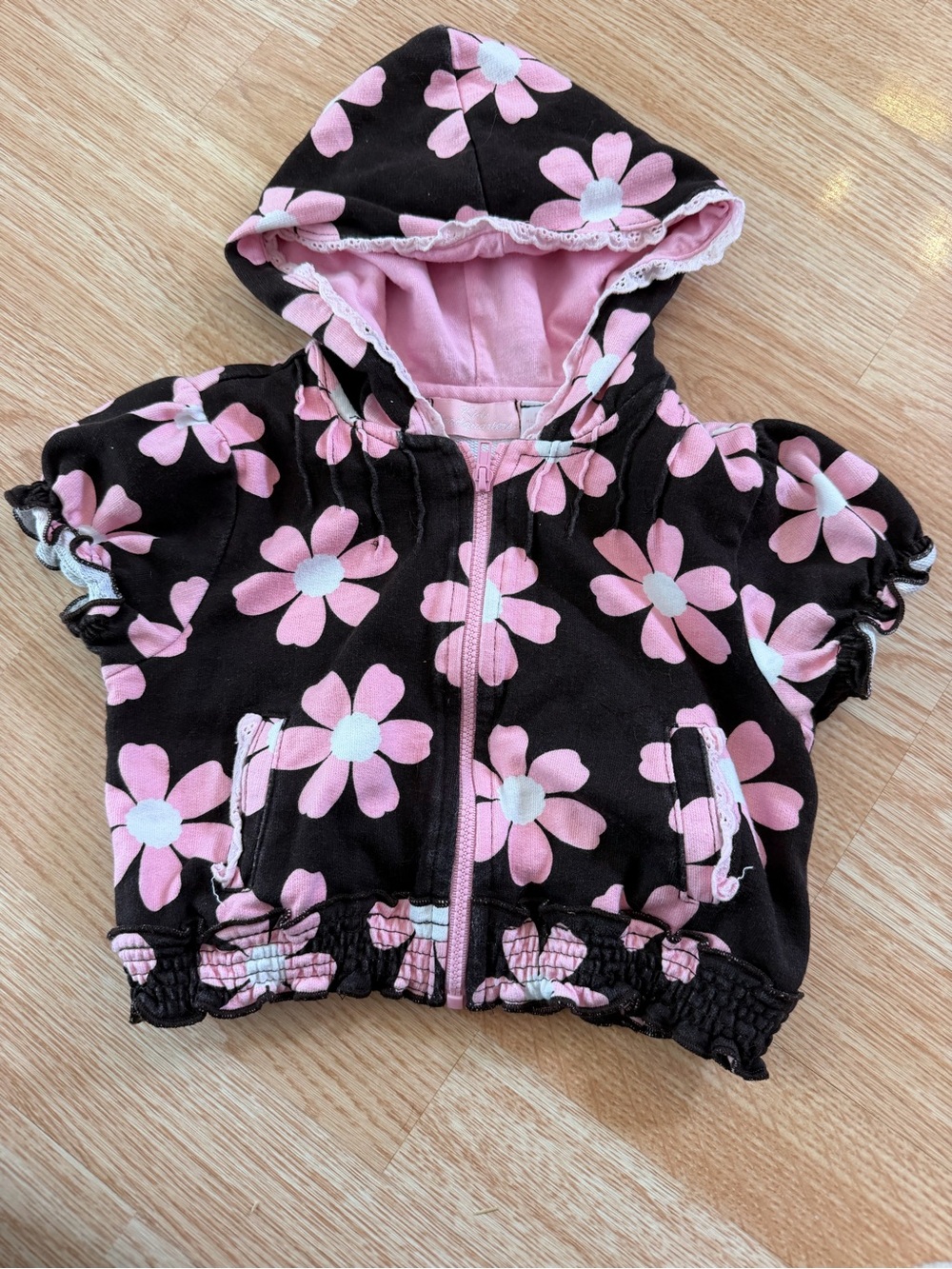 Vintage Y2K Kids Headquarters Pink Daisy Print Short Sleeve Full Zip Hoodie 6